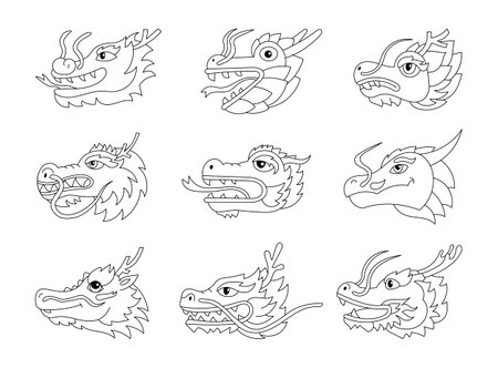 Traditional Japanese dragon. Coloring Page. Asian and Eastern mythological creature. Hand drawn style. Vector drawing. Collection of design elements.のイラスト素材