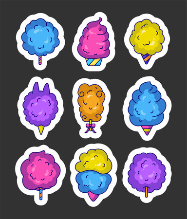 Cotton candy sweetness. Sticker Bookmark. Sugar clouds. Sweet dessert food for kids. Hand drawn style. Vector drawing. Collection of design elements.のイラスト素材