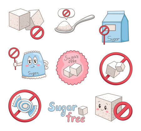 Items and characters sugar free. No added. Healthy food concept. Proper diet, good nutrition. Hand drawn style. Vector drawing. Collection of design elements.のイラスト素材