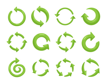 Recycle circular green arrows. Rounded angles. Hand drawn style. Vector drawing. Collection of design elements.のイラスト素材