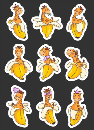 Cute kawaii giraffe in banana. Sticker Bookmark. Funny animal with smiley face. Hand drawn style. Vector drawing. Collection of design elements.のイラスト素材
