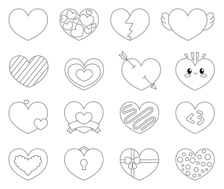Heart different shape. Coloring Page. Suitable for Valentines Day, Mothers Day. Hand drawn style.のイラスト素材