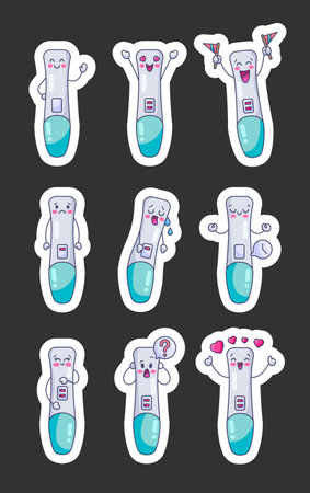 Cute cartoon pregnancy test characters. Sticker Bookmark. Positive and negative results. Kawaii emoji. Hand drawn style. Vector drawing. Collection of design elements.のイラスト素材
