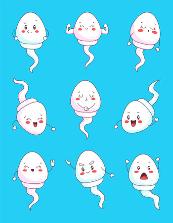 Cute happy funny sperm character. Kawaii spermatozoon with cartoon face. Hand drawn style. Vector drawing. Collection of design elements.のイラスト素材