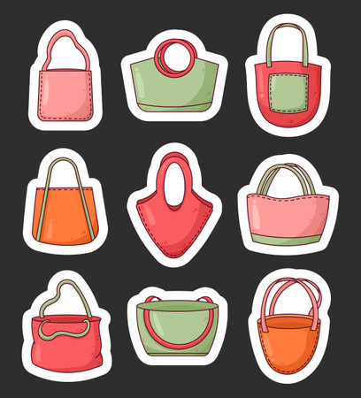 Reusable grocery bag. Sticker Bookmark. Shopping handbag. Zero waste. Hand drawn style. Vector drawing. Collection of design elements.のイラスト素材