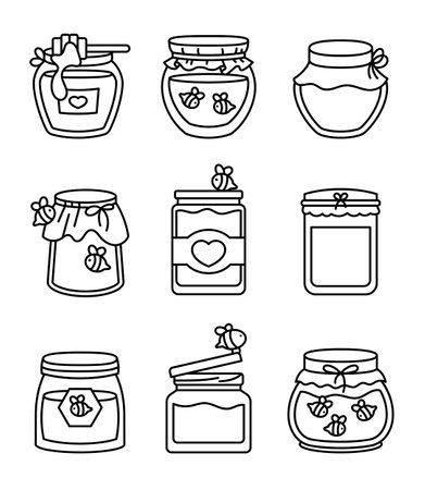Glass pot full of honey. Coloring Page. Bee and wooden honey dipper. Open jar. Hand drawn style. Vector drawing. Collection of design elements.のイラスト素材