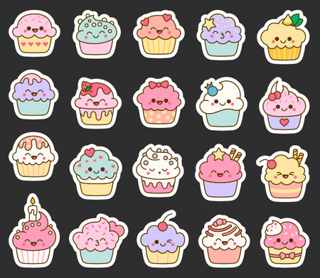 Funny kawaii cupcakes. Sticker Bookmark. Cute sweet food dessert characters. Hand drawn style. Vector drawing. Collection of design elements.のイラスト素材