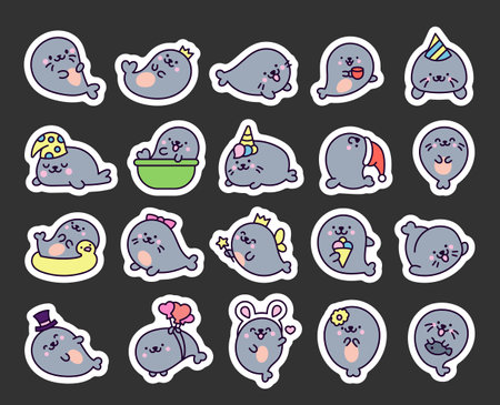 Cute kawaii baby seals. Sticker Bookmark. Funny cartoon characters arctic and antarctic animals. Hand drawn style. Vector drawing. Collection of design elements.のイラスト素材