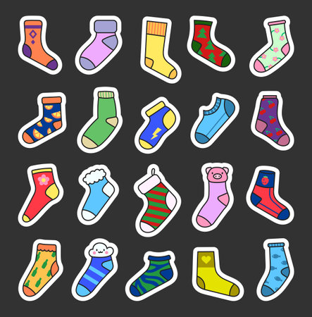 Variety socks different textures. Sticker Bookmark. Fashion trendy clothes. Hand drawn style. Vector drawing. Collection of design elements.のイラスト素材