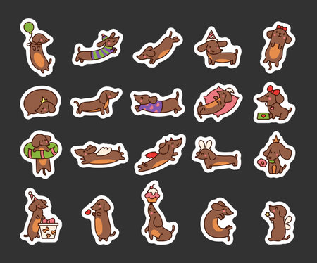 Happy kawaii dachshund. Sticker Bookmark. Cute cartoon dog characters. Hand drawn style. Vector drawing. Collection of design elements.のイラスト素材