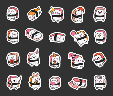 Happy sushi characters in different poses. Sticker Bookmark. Funny cartoon food. Hand drawn style. Vector drawing. Collection of design elements.のイラスト素材