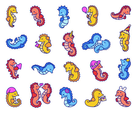 Cute kawaii seahorse. Cartoon underwater animal characters. Hand drawn style. Vector drawing. Collection of design elements.のイラスト素材