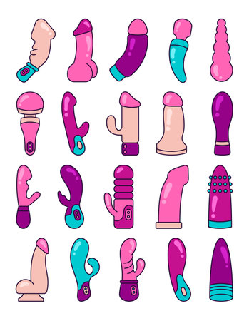 Different shape dildos. Sex toys for women pleasure and erotic role play. Hand drawn style. Vector drawing. Collection of design elements.のイラスト素材