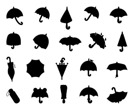 Open and closed umbrella. Silhouette Image. Autumn or spring season. Protection of rain. Hand drawn style. Vector drawing. Collection of design elements.のイラスト素材