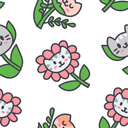 Kawaii flower cat. Seamless pattern. Cute pet animal cartoon character. Hand drawn style. Vector drawing. Design ornaments.のイラスト素材