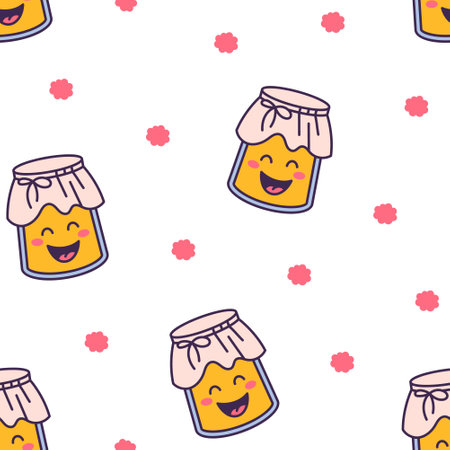 Cute kawaii honey jar. Seamless pattern. Glass pot character. Hand drawn style. Vector drawing. Design ornaments.のイラスト素材
