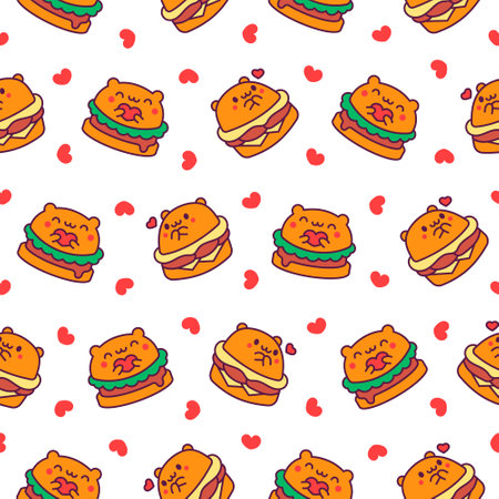 Cute kawaii animal burger. Seamless pattern. Funny food. Cartoon cheeseburger. Hand drawn style. Vector drawing. Design ornaments.のイラスト素材