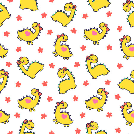 Funny cute girls dinosaurs. Seamless pattern. Kawaii baby dino princess character. Hand drawn style. Vector drawing. Design ornaments.のイラスト素材