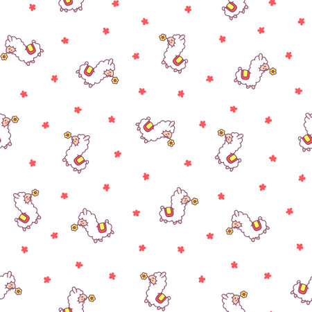 Beautiful alpaca cartoon character. Seamless pattern. Cute kawaii animal. Hand drawn style. Vector drawing. Design ornaments.のイラスト素材