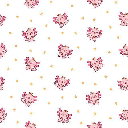 Cute kawaii little axolotl. Seamless pattern. Smiling nice cartoon animal character. Hand drawn style. Vector drawing. Design ornaments.のイラスト素材