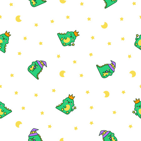 Cute kawaii baby dragon. Seamless pattern. Funny little dinosaur cartoon character. Hand drawn style. Vector drawing. Design ornaments.のイラスト素材