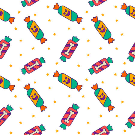Sugar Halloween sweet candies. Seamless pattern. Funny food. Cartoon caramel suckers. Hand drawn style. Vector drawing. Design ornaments.のイラスト素材