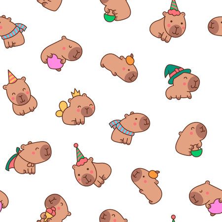 Cute cartoon kawaii capybara. Seamless pattern. Animal funny characters. Hand drawn style. Vector drawing. Design ornaments.のイラスト素材