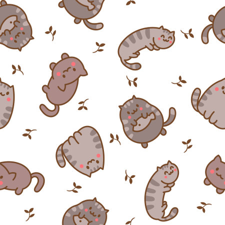 Cute kawaii little cat. Seamless pattern. Cartoon funny kitty, animals character. Hand drawn style. Vector drawing. Design ornaments.のイラスト素材