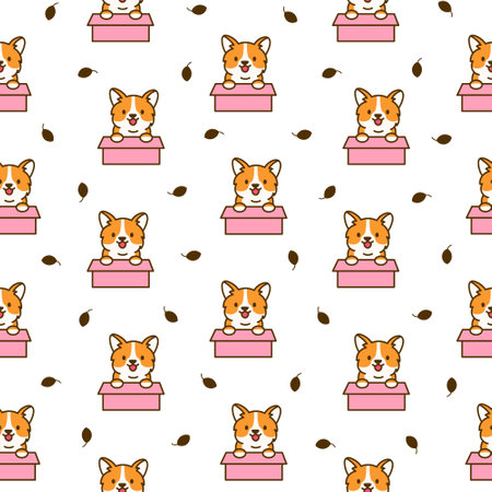 Cute kawaii corgi dog. Seamless pattern. Funny puppy cartoon animal characters. Hand drawn style. Vector drawing. Design ornaments.のイラスト素材