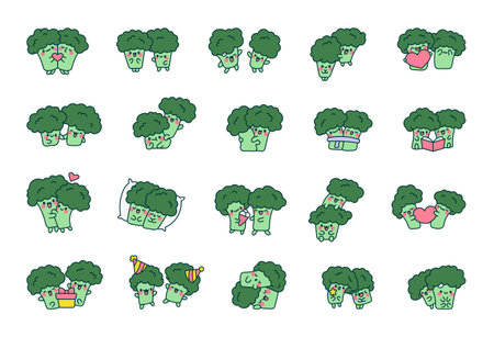 Funny couple broccoli cartoon characters. Cute food friends. Hand drawn style. Vector drawing. Collection of design elements.のイラスト素材