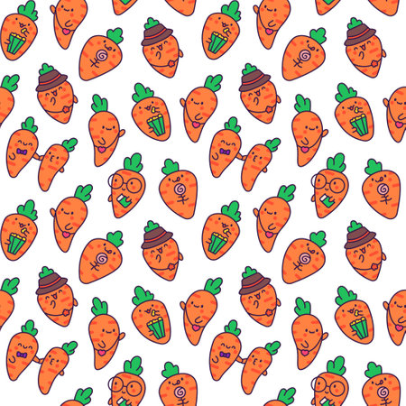 Kawaii carrot with funny faces. Seamless pattern. Cute cartoon happy food characters. Hand drawn...