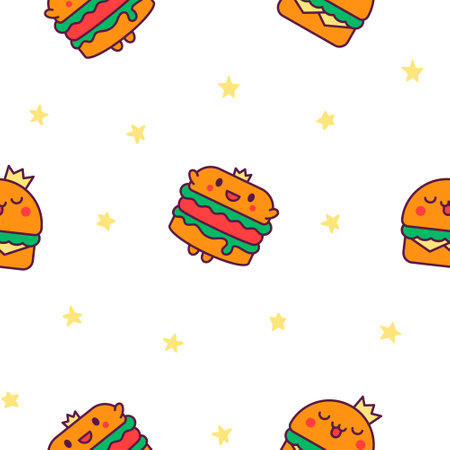 Cute kawaii animal burger. Seamless pattern. Funny food. Cartoon cheeseburger. Hand drawn style. Vector drawing. Design ornaments.のイラスト素材
