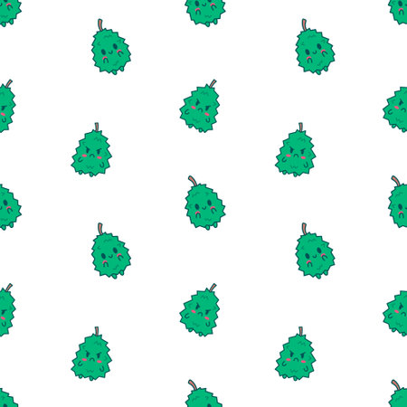 Cute happy durian character emoticon. Seamless pattern. Kawaii cartoon fruit. Hand drawn style. Vector drawing. Design ornaments.のイラスト素材