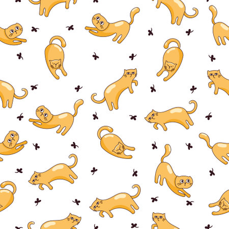 Cute funny cat. Seamless pattern. Kitten character cartoon. Vector drawing. Design ornaments.のイラスト素材