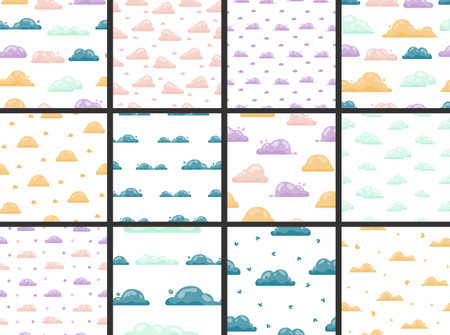 Cumulus cloud cartoon. Seamless pattern. Sky air symbol. Vector drawing. Collection of design ornaments.のイラスト素材