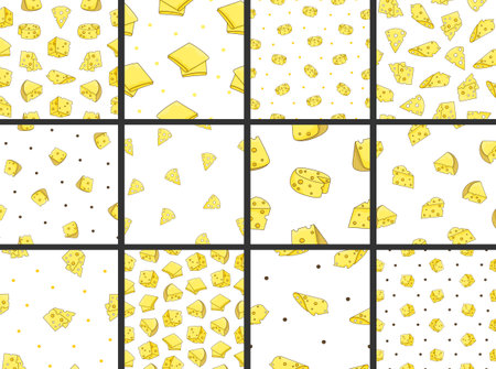 Slices and slicing of cheese. Seamless pattern. Parmesan, mozzarella, hollandaise, ricotta, a piece of different types. Hand style. Vector drawing. Collection of design ornaments.のイラスト素材