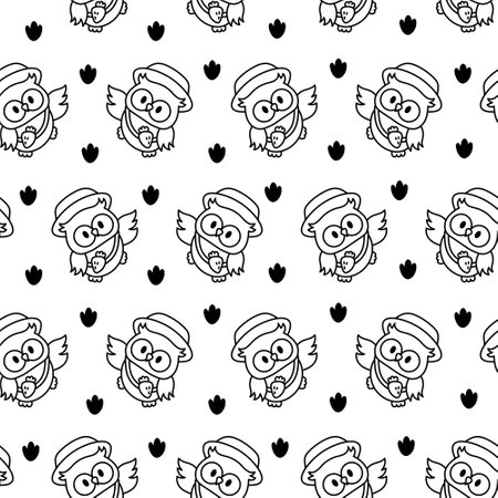 Cartoon happy owl characters. Seamless pattern. Coloring Page. Cute kawaii forest birds. Hand drawn style. Vector drawing. Design ornaments.のイラスト素材