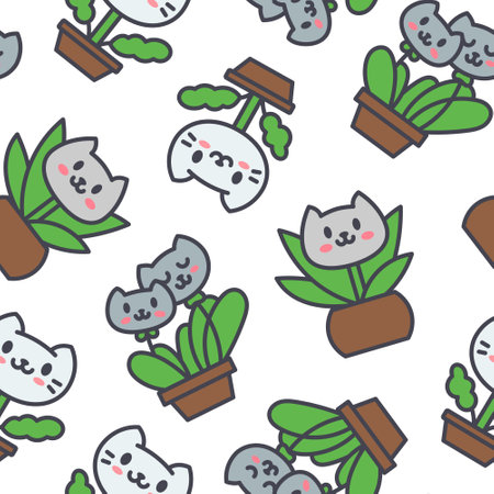 Kawaii flower cat. Seamless pattern. Cute pet animal cartoon character. Hand drawn style. Vector drawing. Design ornaments.のイラスト素材