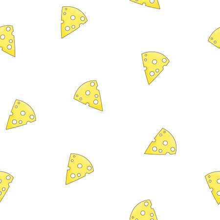 Slices and slicing of cheese. Seamless pattern. Parmesan, mozzarella, hollandaise, ricotta, a piece of different types. Hand style. Vector drawing. Design ornaments.のイラスト素材