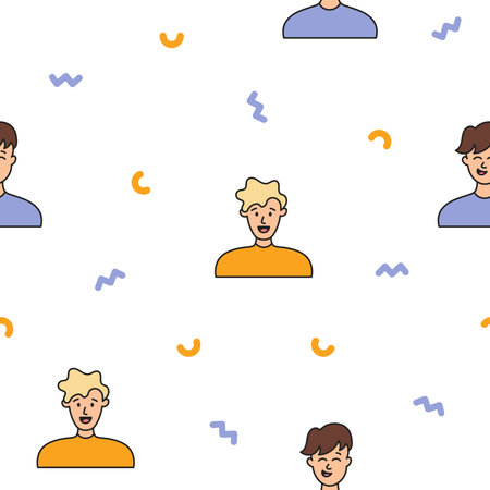 Men avatars. Seamless pattern. Portrait of casual male with different hairstyles and outfits. User...
