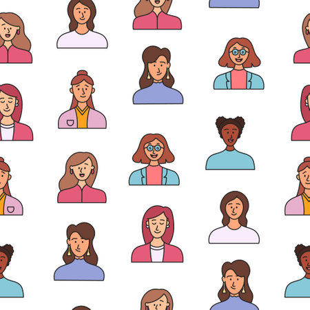 Women avatars. Seamless pattern. Portrait of casual female with different hairstyles and outfits. User profiles. Hand drawn style. Vector drawing. Design ornaments.のイラスト素材