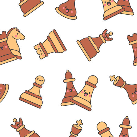 Cute chess pieces with happy face. Seamless pattern. Cartoon kawaii character. Hand drawn style. Vector drawing. Design ornaments.のイラスト素材