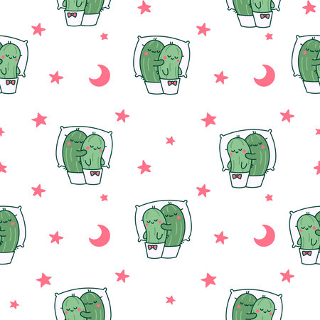 Kawaii cactus hug. Seamless pattern. Cute cartoon cacti couple in love. Funny plant characters in pots. Hand drawn style. Vector drawing. Design ornaments.のイラスト素材