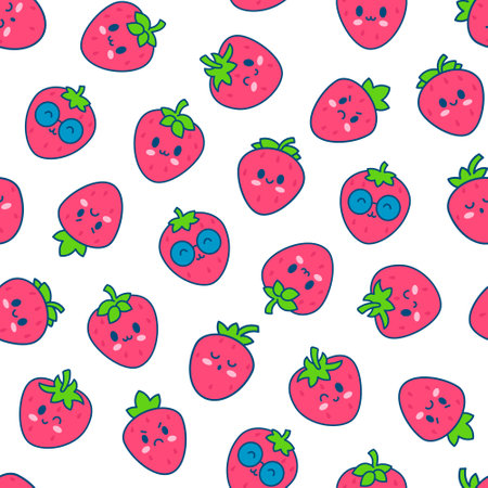 Cute happy strawberry character emoticon. Seamless pattern. Kawaii cartoon fruit. Hand drawn style. Vector drawing. Design ornaments.のイラスト素材