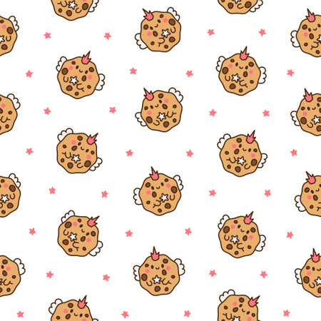 Cute kawaii cookies. Seamless pattern. Cartoon choco chip characters. Funny food. Hand drawn style. Vector drawing. Design ornaments.のイラスト素材