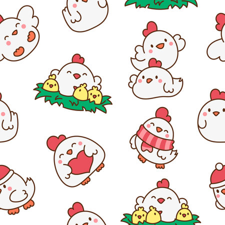 Cute kawaii chicken. Seamless pattern. Cartoon farm birds characters. Funny domestic animals. Hand drawn style. Vector drawing. Design ornaments.のイラスト素材