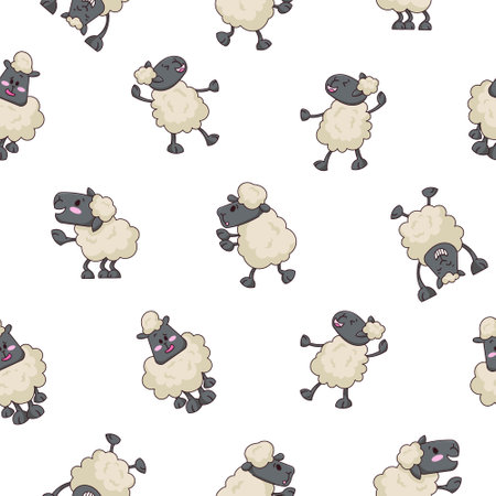 Sheep character cartoon. Seamless pattern. Cute farm animal. Flower, grass and plant. Vector drawing. Design ornaments.のイラスト素材