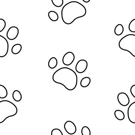 Dog or cat paw print. Seamless pattern. Coloring Page. Animal footprints. Hand drawn style. Vector drawing. Design ornaments.のイラスト素材