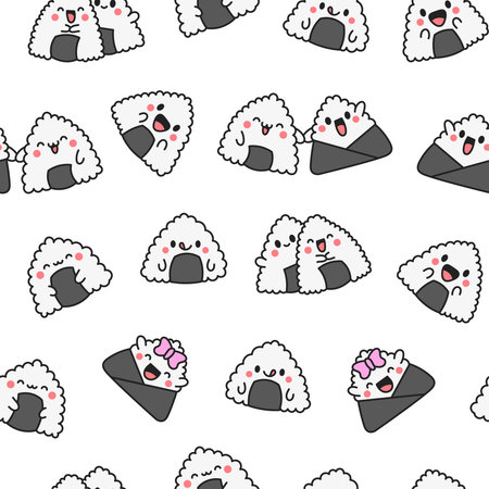 Cute kawaii onigiri. Seamless pattern. Funny sushi cartoon character. Asian rice and nori food. Hand drawn style. Vector drawing. Design ornaments.のイラスト素材