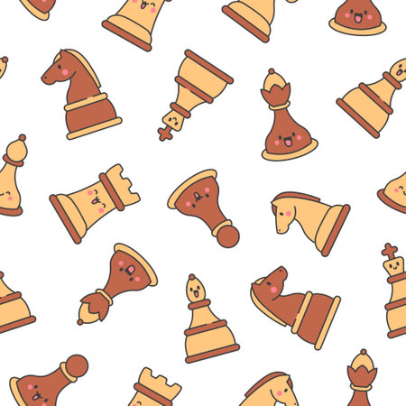 Cute chess pieces with happy face. Seamless pattern. Cartoon kawaii character. Hand drawn style. Vector drawing. Design ornaments.のイラスト素材